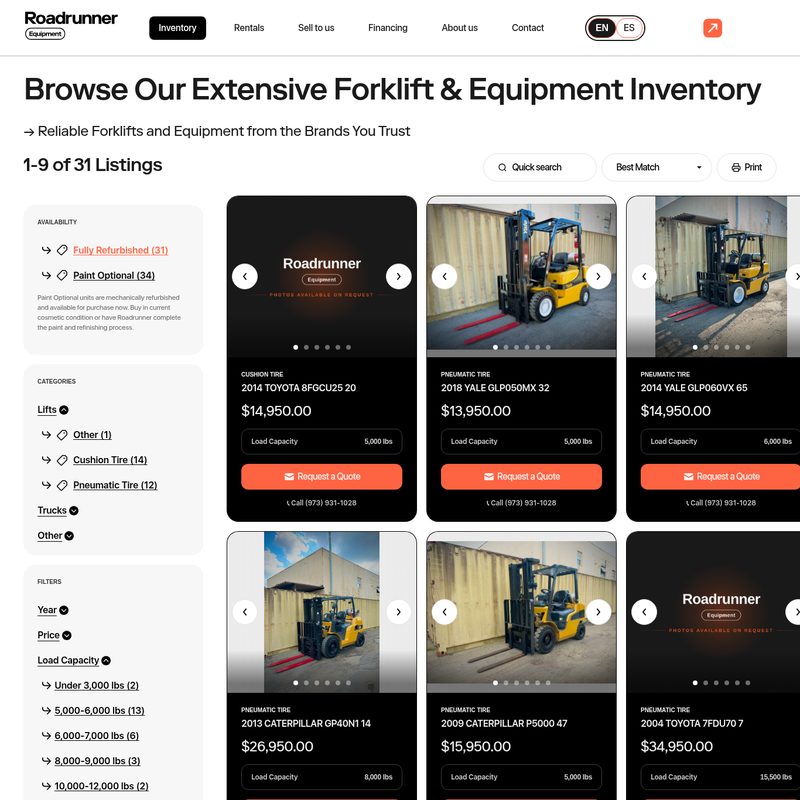 Roadrunner Equipment inventory page