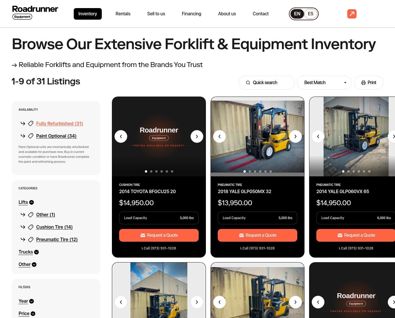 Roadrunner Equipment inventory page with filters and forklift listings showing photos, specs, prices and Request a Quote buttons